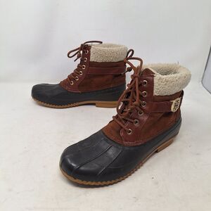 Tommy Hilfiger Brown Faux Suede Sherpa Fur Trim Duck Boots Preppy Gorpcore Sz 8